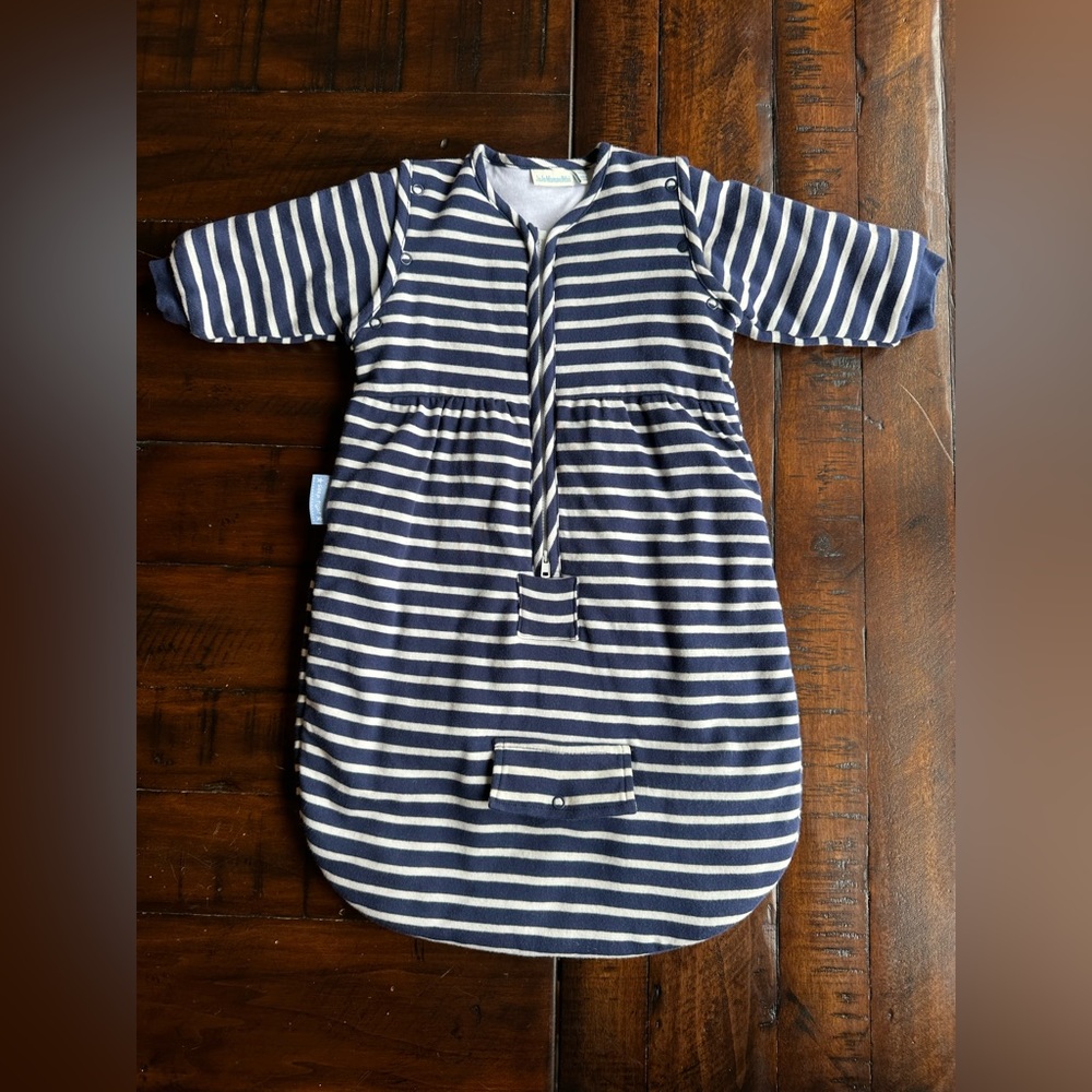 JoJo Maman Bebe baby sleeping bag, onesie, sleep sack, 0-6 months, navy stripes.